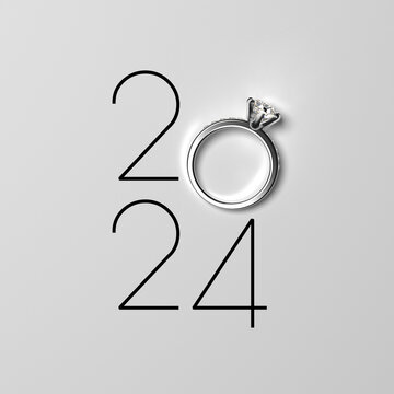 Elegant 2024 New Year wedding background with luxury diamond engagement ring. 3D render illustration.