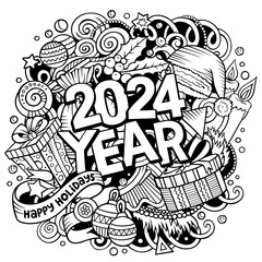 2024 doodles illustration. New Year objects and elements poster