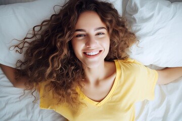 happy smiling beautiful woman in yellow t-shirt stretching on bed in the morning, top view