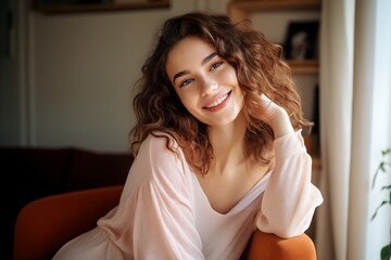 young beautiful woman smiling and laughing while relaxing at home