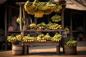 Image shows a wooden stall with bunches of bananas displayed on shelves