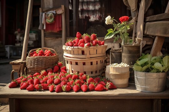 The image displays a large heap of fresh strawberries in a wicker basket