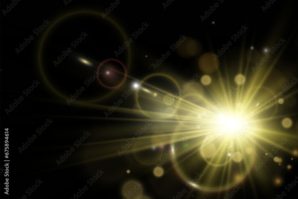 Poster special lens flash, light effect. the flash flashes rays and searchlight. illust.white glowing light