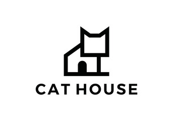 Plakat cat house logo design. pet care white linear style concept element symbol vector illustration. 