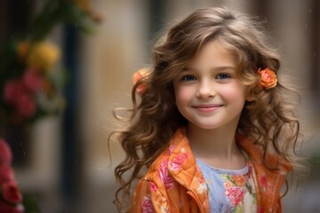 Portrait of a beautiful little girl with long curly hair in an orange dress