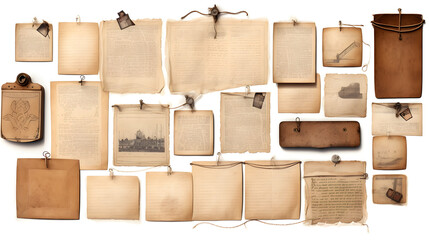 aged paper sheets, books, pages and old postcards isolated on white background. vintage photo frames. antique clipboard and photo corner. generative AI. - Powered by Adobe