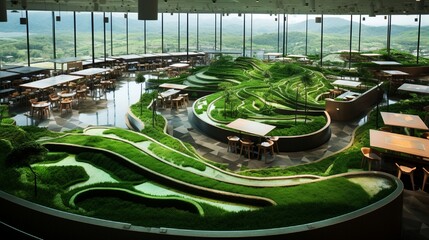 A cafeteria modeled after a terraced rice field with real, thriving plant life.