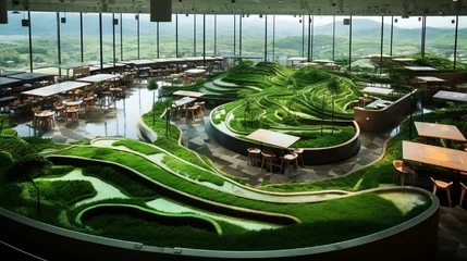 Crédence de cuisine en verre imprimé Rizières A cafeteria modeled after a terraced rice field with real, thriving plant life.