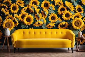 Einrichtungsidee veranschaulicht die Wirkung von Fototapeten. Ein modernes gelbes Sofa steht vor...