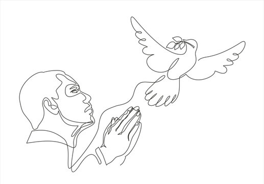 Continuous single one line drawing of Man with Two Hands Pressed Together in Prayer Position and Flying Dove. Pray for peace. Action for Prayer, Gratitude and Thankful Isolated on White Background
