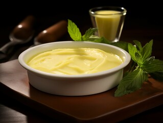 Ghee or clarified butter in a ceramic bowl.