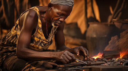 African blacksmith working in his forge - obrazy, fototapety, plakaty