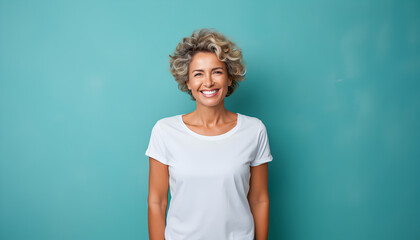 Middle-aged woman with short gray hair, smiling happily, expresses youth and joy, wearing a casual white T-shirt.