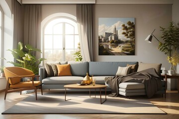 a living room with a couch, table and chairs