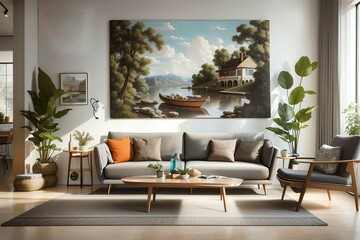 a living room with a couch, table and chairs