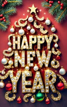 "Happy New Year " Brilliant 3D Realistic Gold strass jewel Text shaped as a Christmas tree, illustration for postcards, stickers, print on demand, slogan tee, web banner. Generative AI.