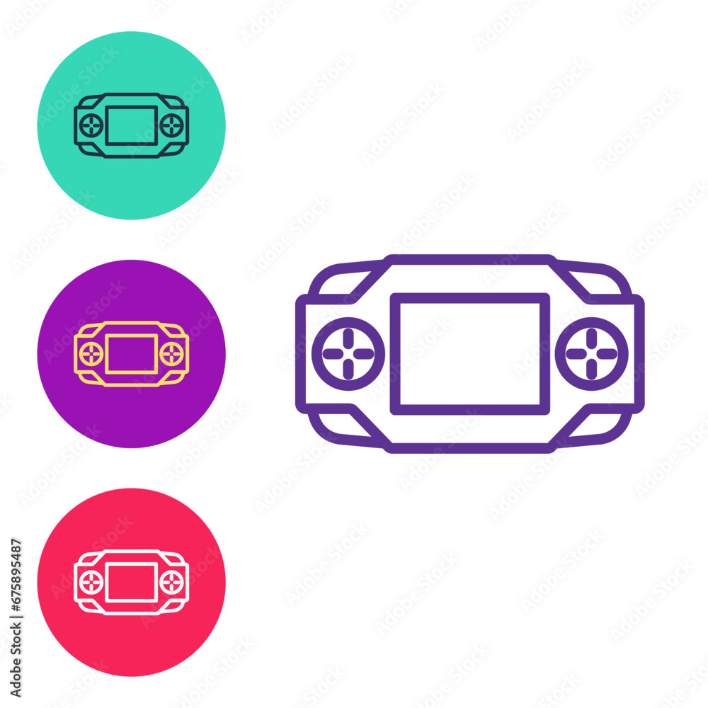 Poster set line portable video game console icon isolated on white background. handheld console gaming. set