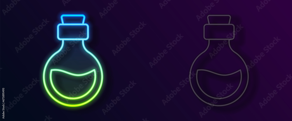 Poster glowing neon line glass bottle with magic elixir icon isolated on black background. computer game as