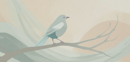 illustrazione con piccolo uccello appollaiato su un ramo in una giornata di primavera - obrazy, fototapety, plakaty