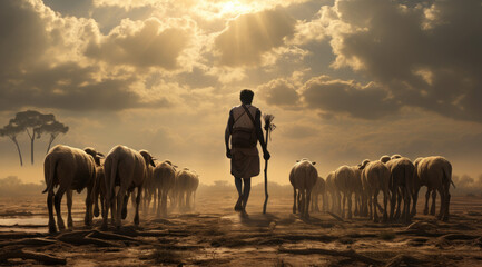 African shepherd walking with his sheeps  - Powered by Adobe