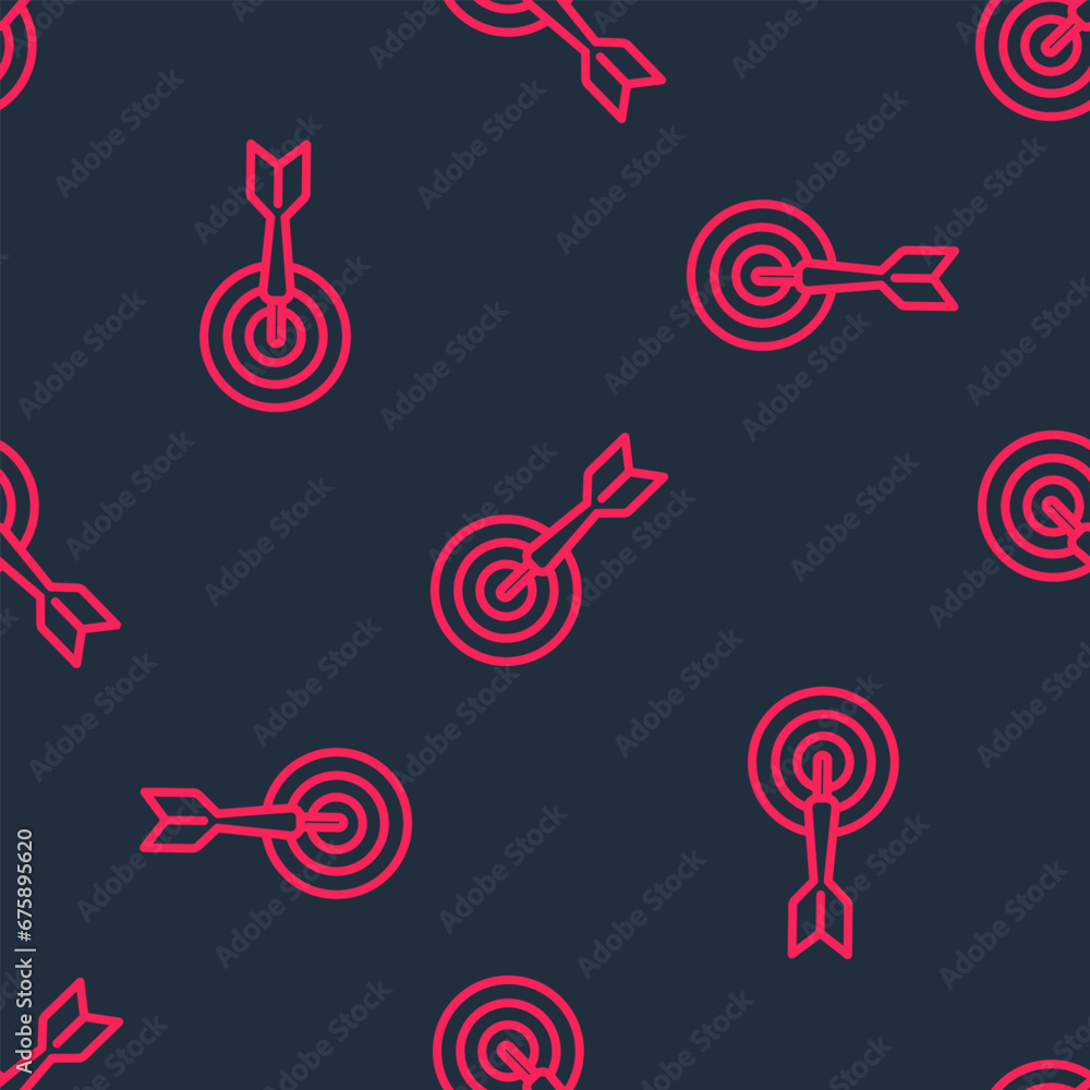 Poster red line classic dart board and arrow icon isolated seamless pattern on black background. dartboard 