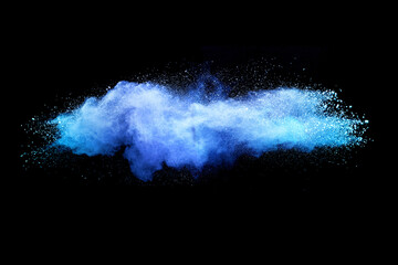Freeze motion of blue color powder explosion splash on black background