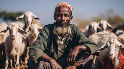 African shepherd with his sheeps  - obrazy, fototapety, plakaty