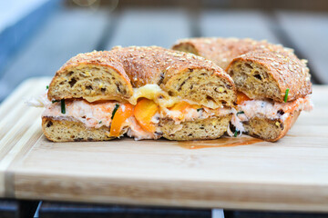 Selective focus toasted bread sandwich, food backgrounds, isolated subject