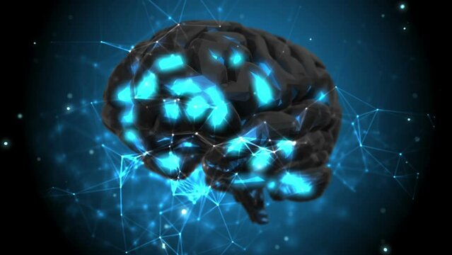 3D-rendered looping animation of a brain model with cyber lines spinning on a blue background