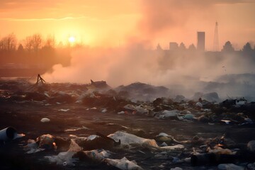 vast urban waste fields with toxic smoke at sunset