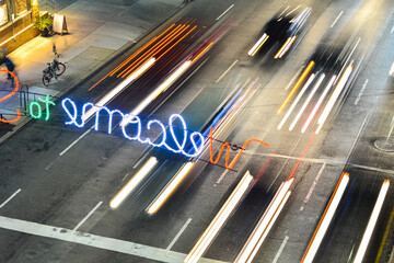 Abstract traffic image, long exposure light trails, welcome sign, abstract street city backgrounds