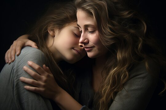 photo of Document the precious connection of a mother and her adolescent daughter in an affectionate hug. Generative AI