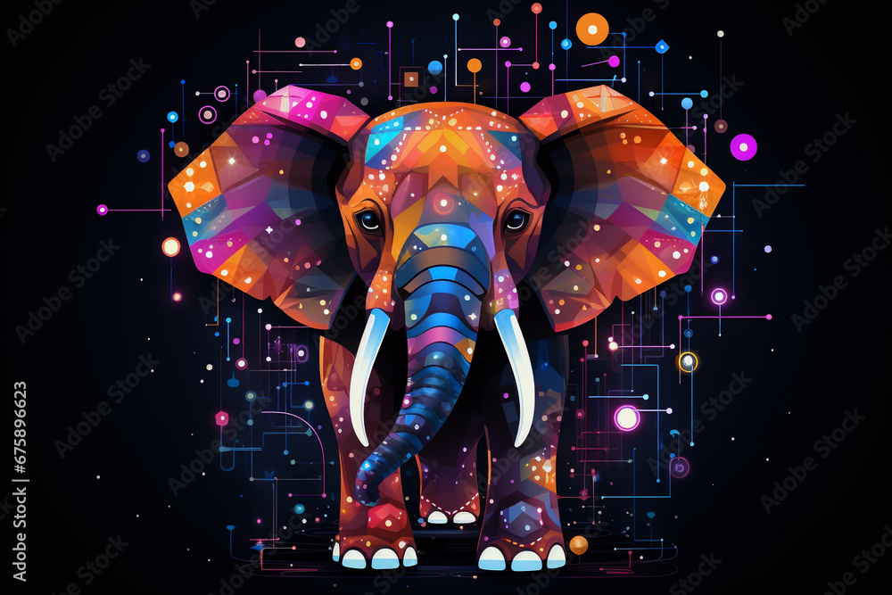 Poster abstract elephant art with colorful geometric design and tech elements