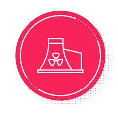 White line Nuclear power plant icon isolated on white background. Energy industrial concept. Red circle button. Vector