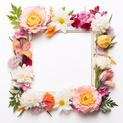 Fototapeta premium Flat lay pretty floral frame on white background 