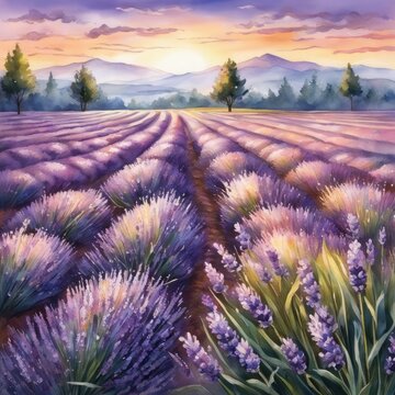 Lavender field at sunset in watercolor technique