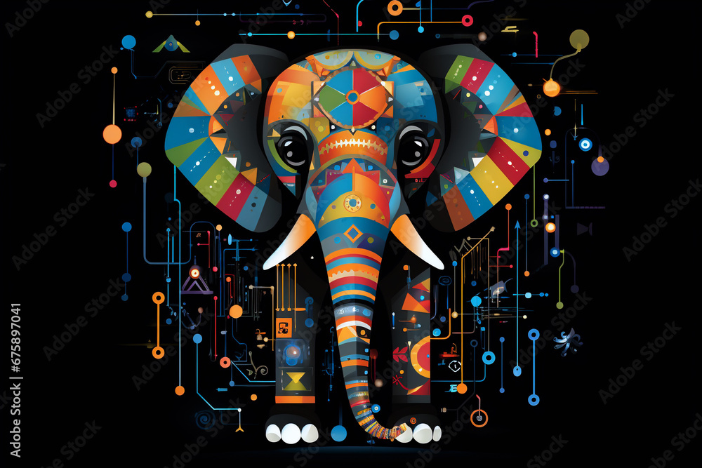 Poster elephant with intricate neon patterns on cosmic background