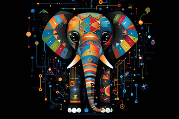 Elephant with intricate neon patterns on cosmic background