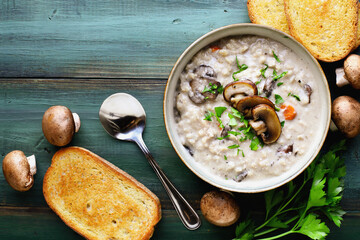 Mushroom Soup with portobella mushrooms, carrots and fresh parsley. Served with toasted french bread over a green wood table. Table top view. Overhead.