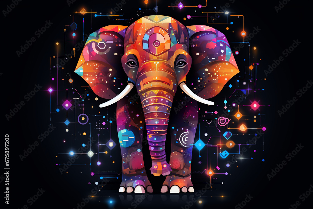Poster elephant with colorful patterns and space backdrop