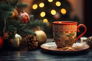 Obraz na płótnie Canvas A Christmas mug on the table, Christmas drink close up, decorations