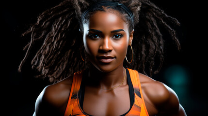 A strong athletic, black woman, running on black background wearing in the sportswear. Fitness and...