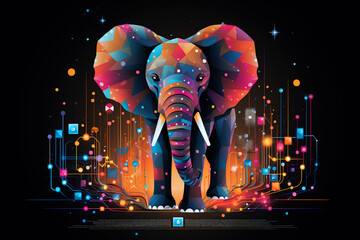 majestic elephant with blue neon glow and abstract shapes