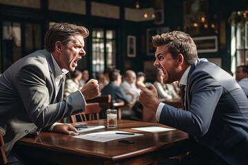 Photo of two businessmen engaged in a heated argument during a business meeting. Generative AI - obrazy, fototapety, plakaty
