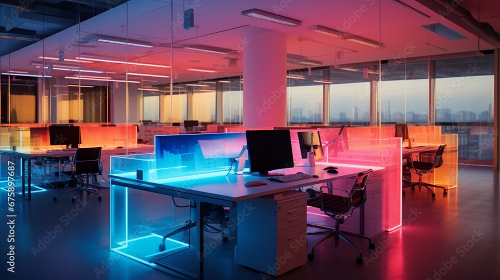 Poster a high-tech workplace replete with color-changing led lights that adapt to the current mood or proje