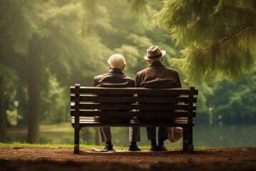 Photo of two seniors on a bench at a retirement home, reminiscing about their lives. Generative AI - obrazy, fototapety, plakaty