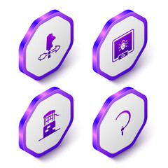Set Isometric Rooster weather vane, Colorado beetle, Well and Sickle icon. Purple hexagon button. Vector