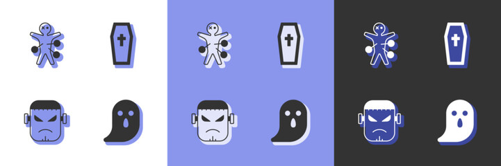 Set Ghost, Voodoo doll, Frankenstein face and Coffin with christian cross icon. Vector