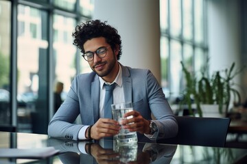 Photo of a young professional taking a quick break to rehydrate with a glass of water. Generative AI