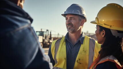 The chief engineer of a male construction worker wearing a uniform and helmet stands and talks about handing over work to a female worker.